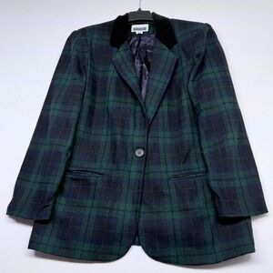 Vintage Prophecy Plaid Blazer Jacket Velvet Collar Women's Size 12 Green Navy